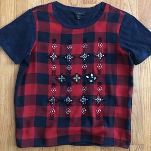 J Crew red and navy blue plaid and beaded top
